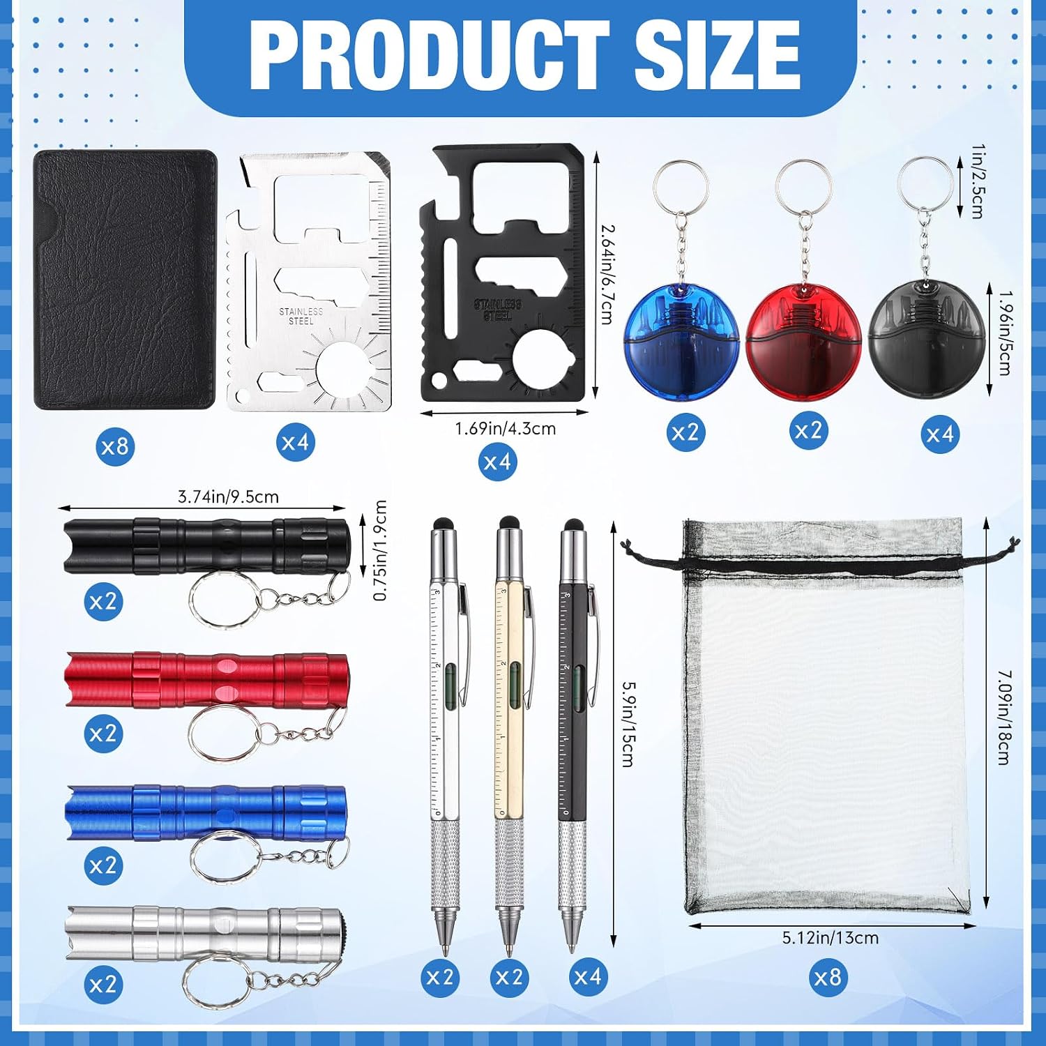 Lewtemi 8 Sets Party Favors Bulk for Men Leather Multitool Flashlight Card Pen Mini Keychain Screwdriver Set for Father's Day Dad Husband Coworker(Multi-color)