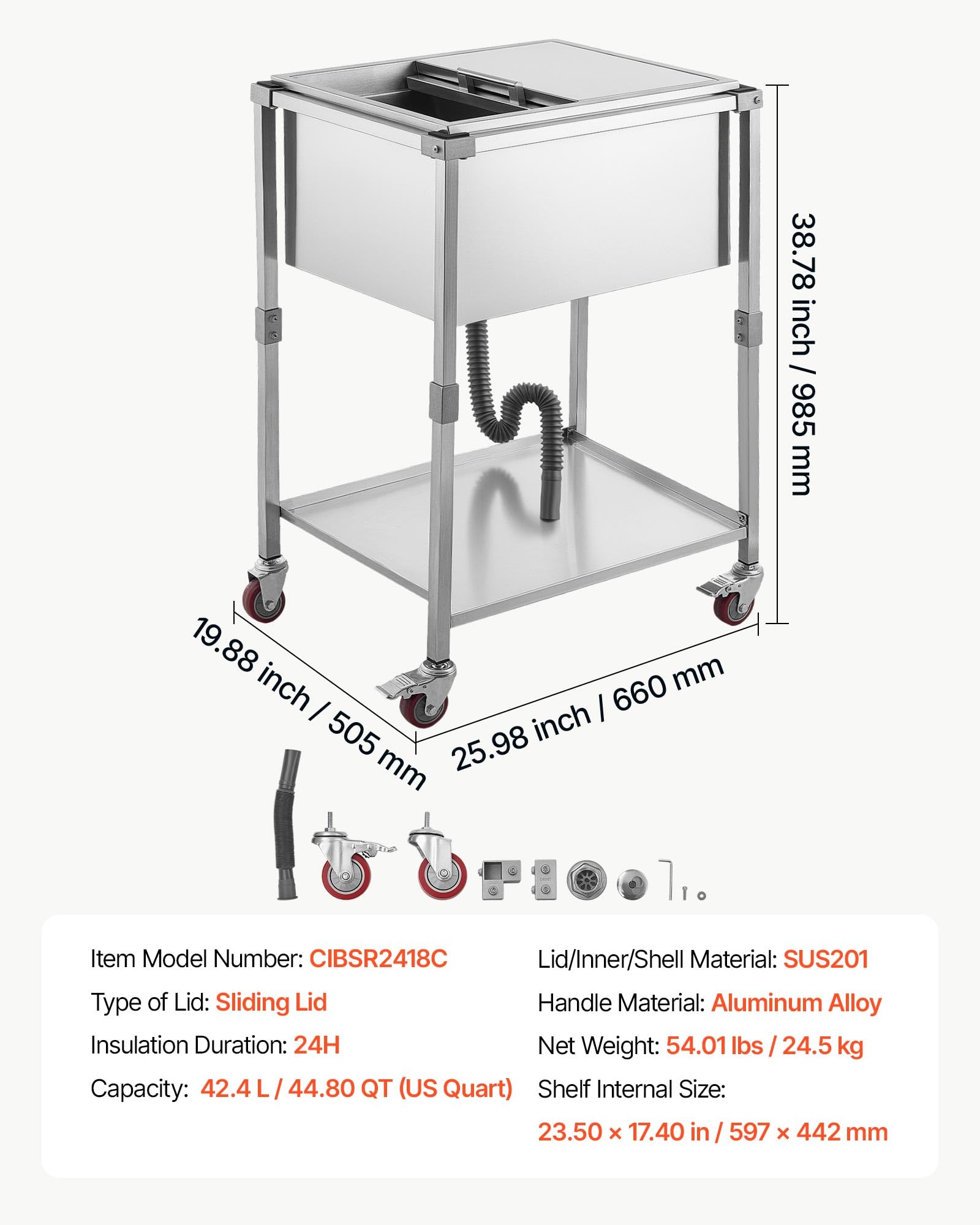 VEVOR Glacière à roulettes 42,4 L Refroidisseur de Boissons Mobile en INOX, pour Terrasse Restaurant Fête, Isolation Longue Durée sans Électricité, Desserte-glacière Passive Extérieur, Kit de Vidange