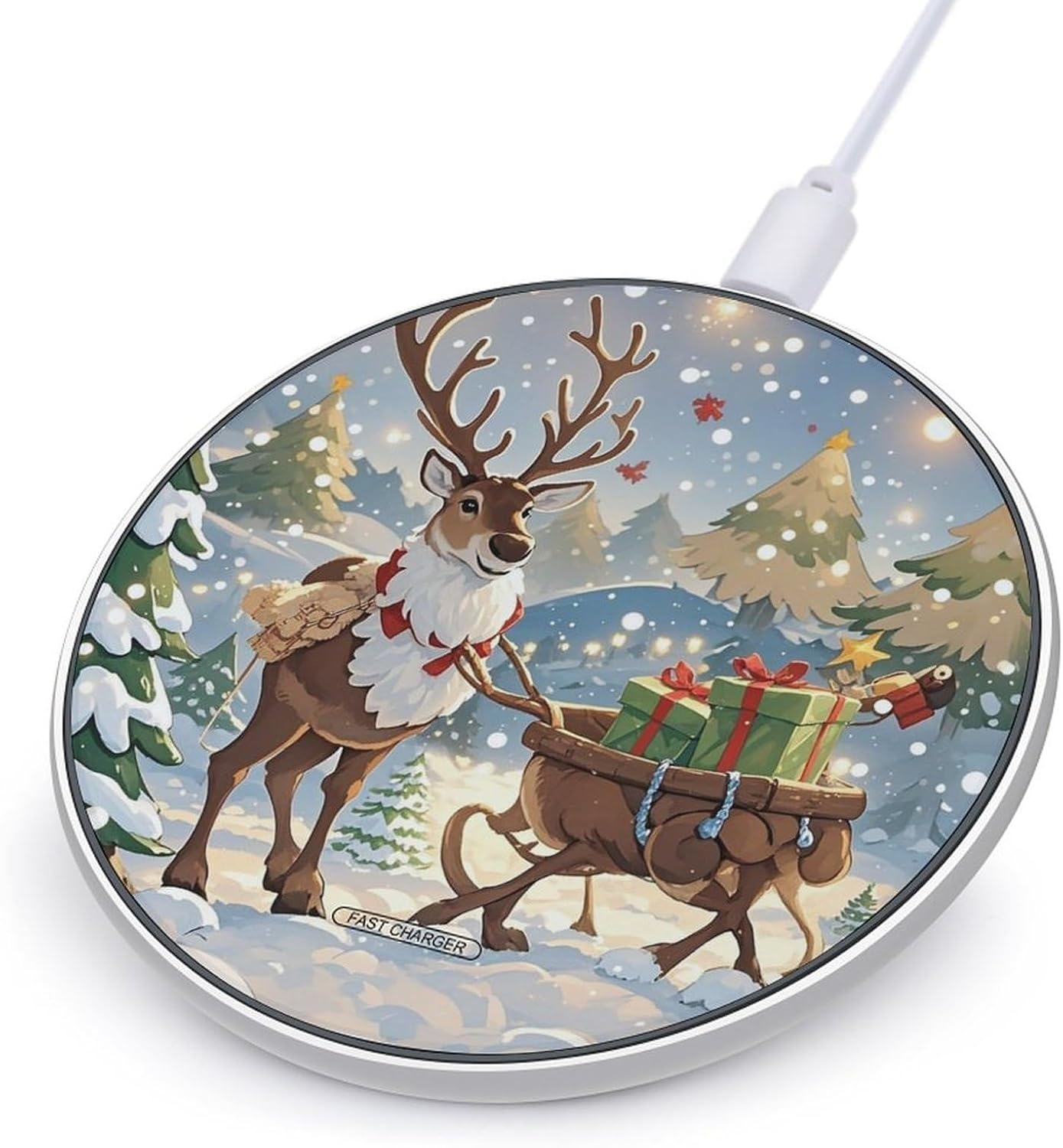 Reindeer Delivering Wireless Charger 10W Fast Wireless Charging Pad Slim Portable Charging Station for Phone Lightweight Charger Mat for Travel Home Office Desk