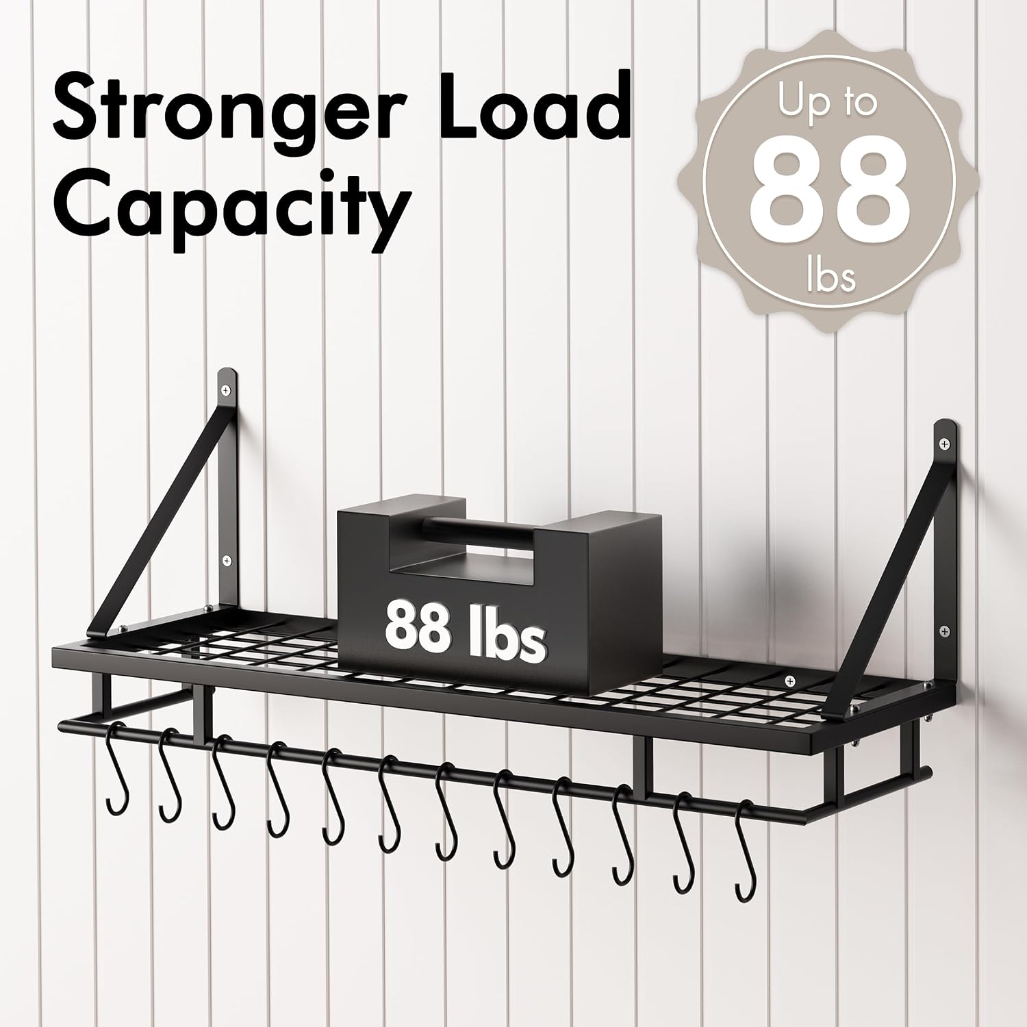 KES 30-Inch Kitchen Pan Pot Rack Wall Mounted Hanging Storage Organizer Wall Shelf with Hooks Matte Black, KUR215S75A-BK