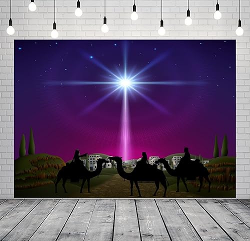 Miniatura 4 de Telón de fondo de tela de 7 x 5 pies, diseño de estrella de Belén, noche estrellada de Navidad, tres hombres sabios, fondo para iglesia, concierto,
