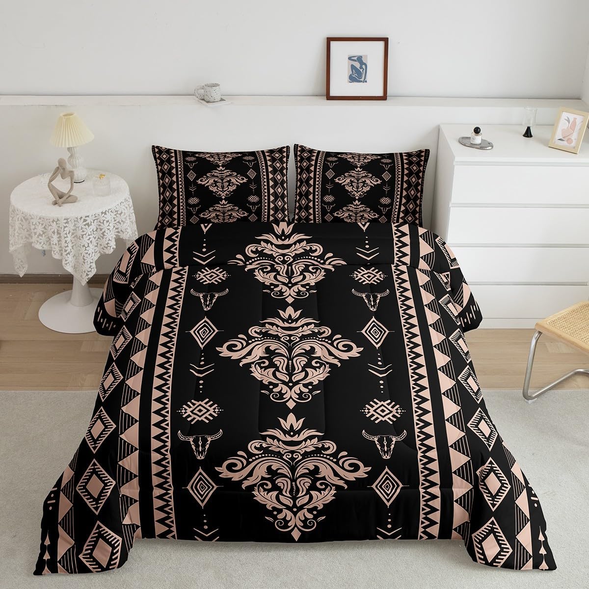 Erosebridal Western Damask Bedding Set King Size, Boho Aztec Comforter Set, Exotic Native Duvet Insert for Men Teens Bedroom Decor, Vintage Victorian Baroque Quilt, Black