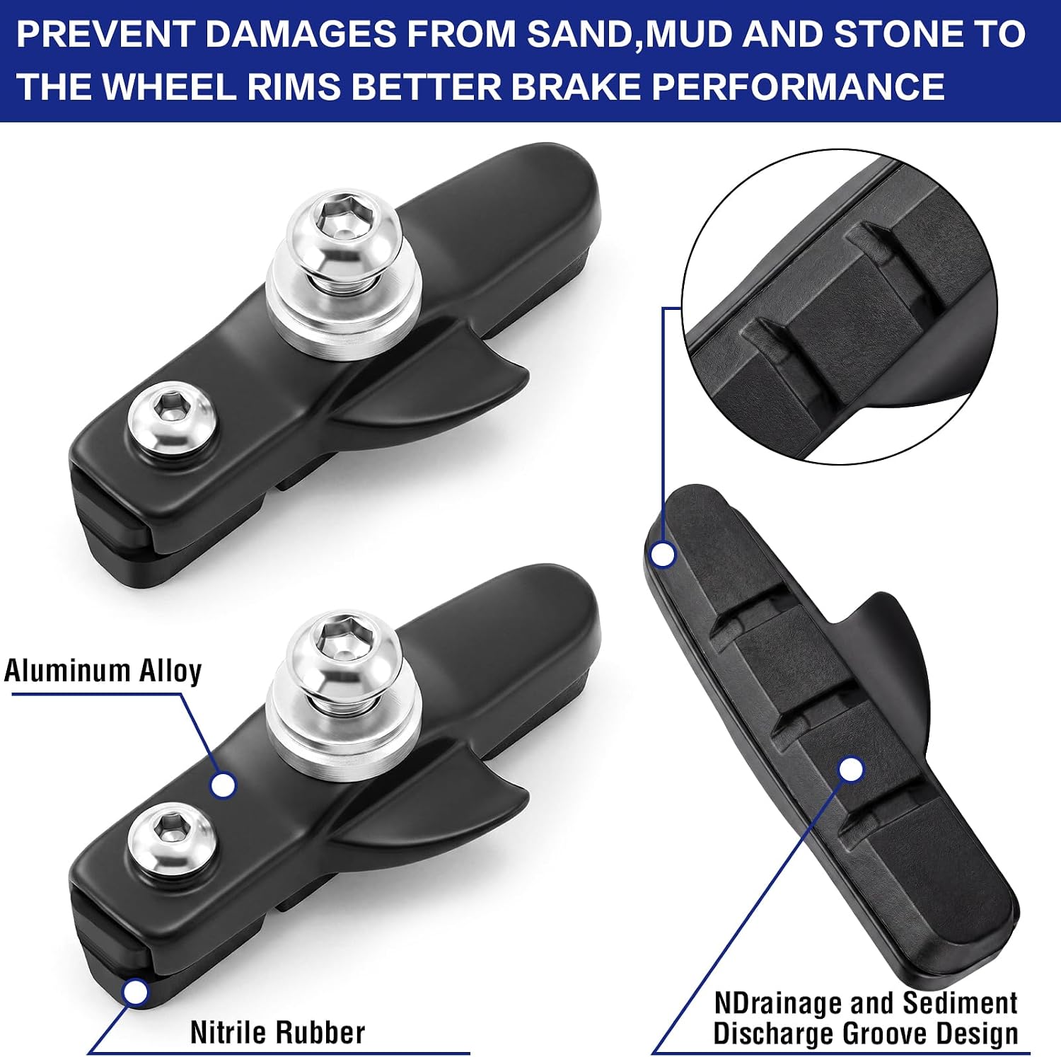 2 Pairs Road Bike Brake Pads with Bolts Rubber Caliper C-Brake Shoes Quiet Non-Skid Replacement for Commuter Road Bicycle Rim Brakes