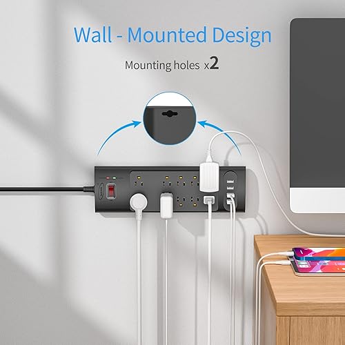 Miniatura 7 de bototek - Protector de sobretensiones con 10 salidas de CA y 4 puertos USB, 1875 W15 A, 2100 julios, cable de extensión largo de enchufe plano de 10