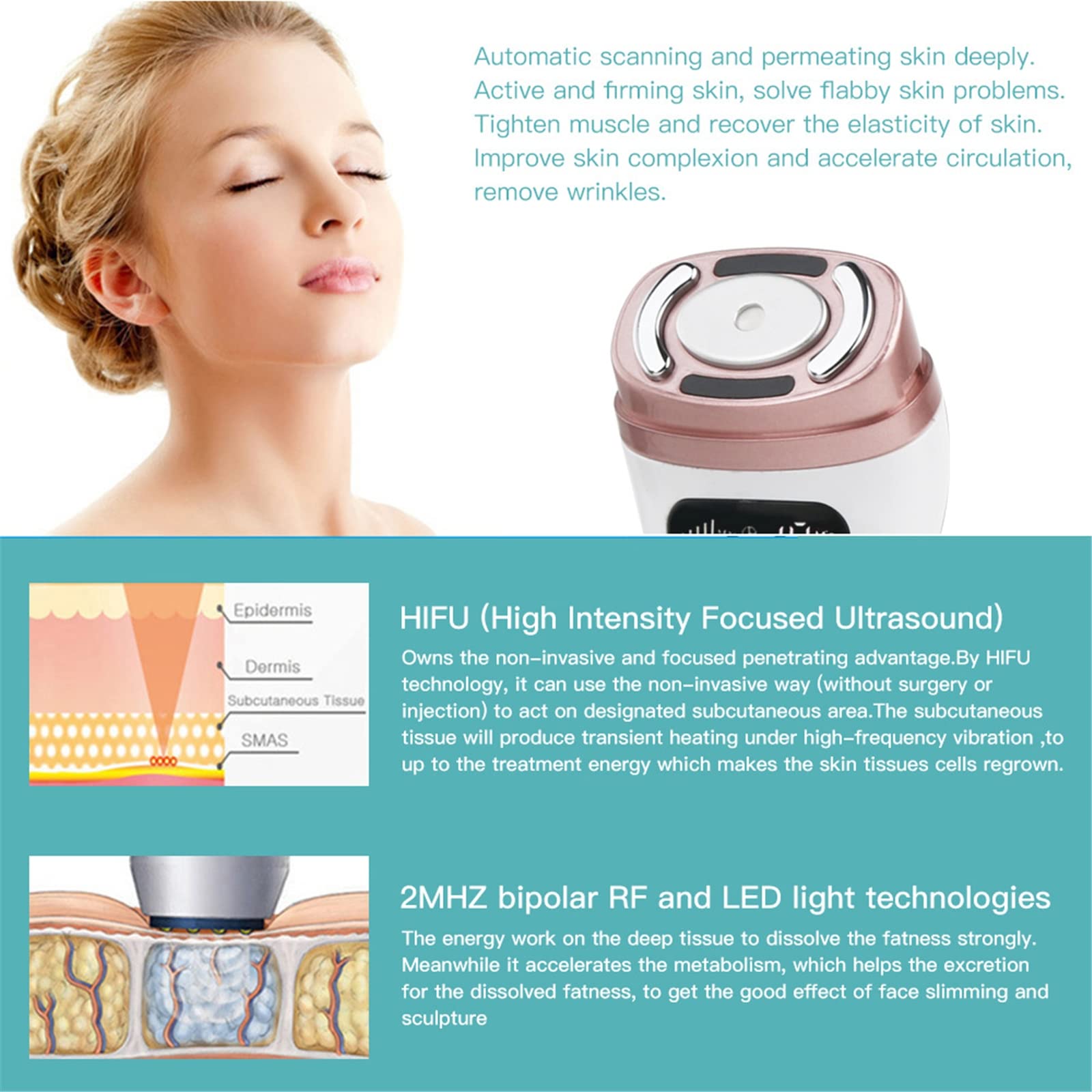 Mini HIFU Face Machine EMS RF Luz LED HIFU Estiramiento la Piel Máquina ultrasónica Eliminación Arrugas Máquina HIFU Photon Up Rejuvenecimiento la Piel Dispositivo HIFU antienvejecimiento