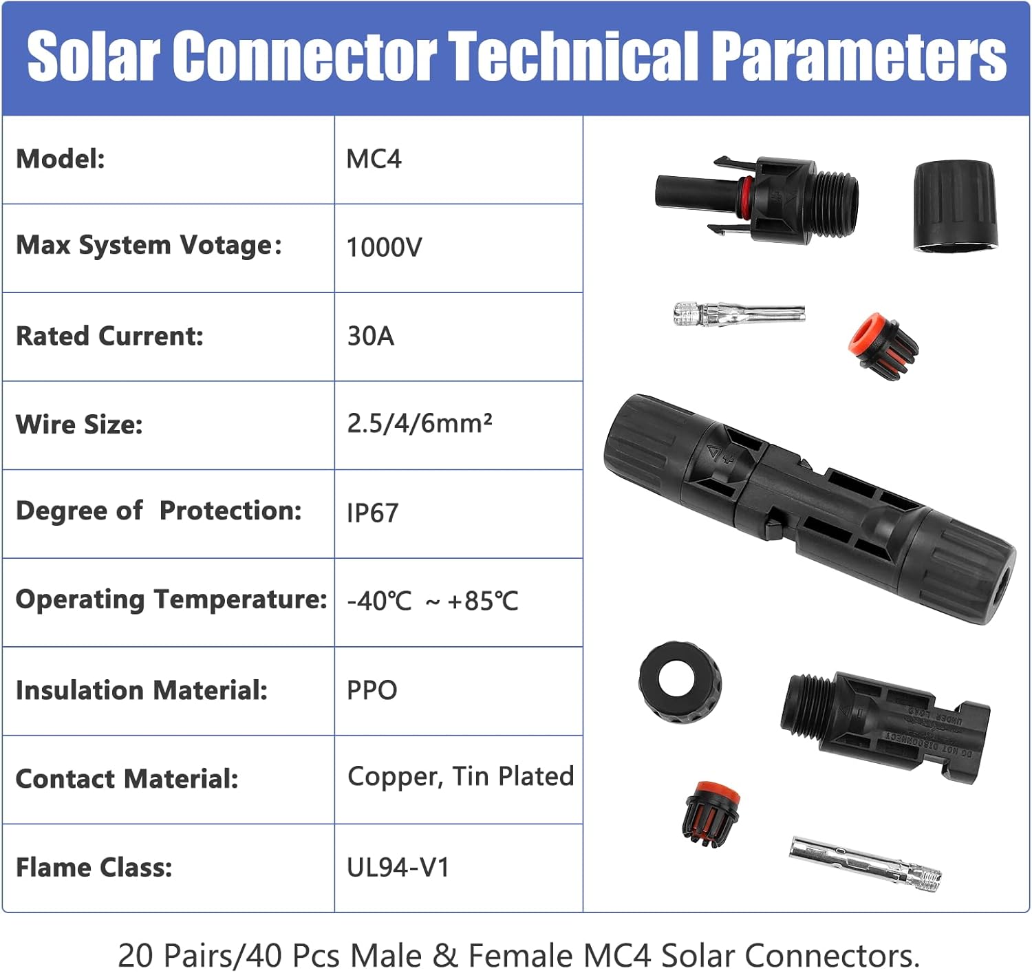 PRECIHW MC4 Connectors, Male/Female Solar Connectors, IP67 1000V 30A Waterproof Solar Panel Cable Connectors (20 Pairs Solar Connectors with 2 Pack Wrench) : Patio, Lawn & Garden