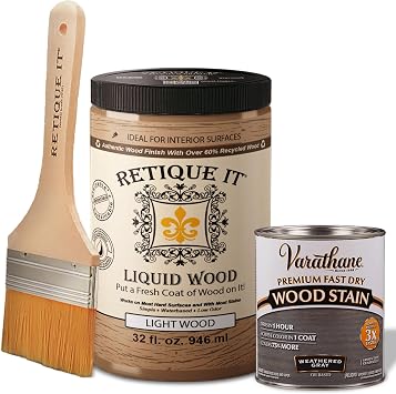 Retique It Liquid Wood - Quart Light Wood w/Weathered Gray Stain -Stainable Wood Fiber Paint- Put a fresh coat of wood on it 32oz LW, Weath Gray