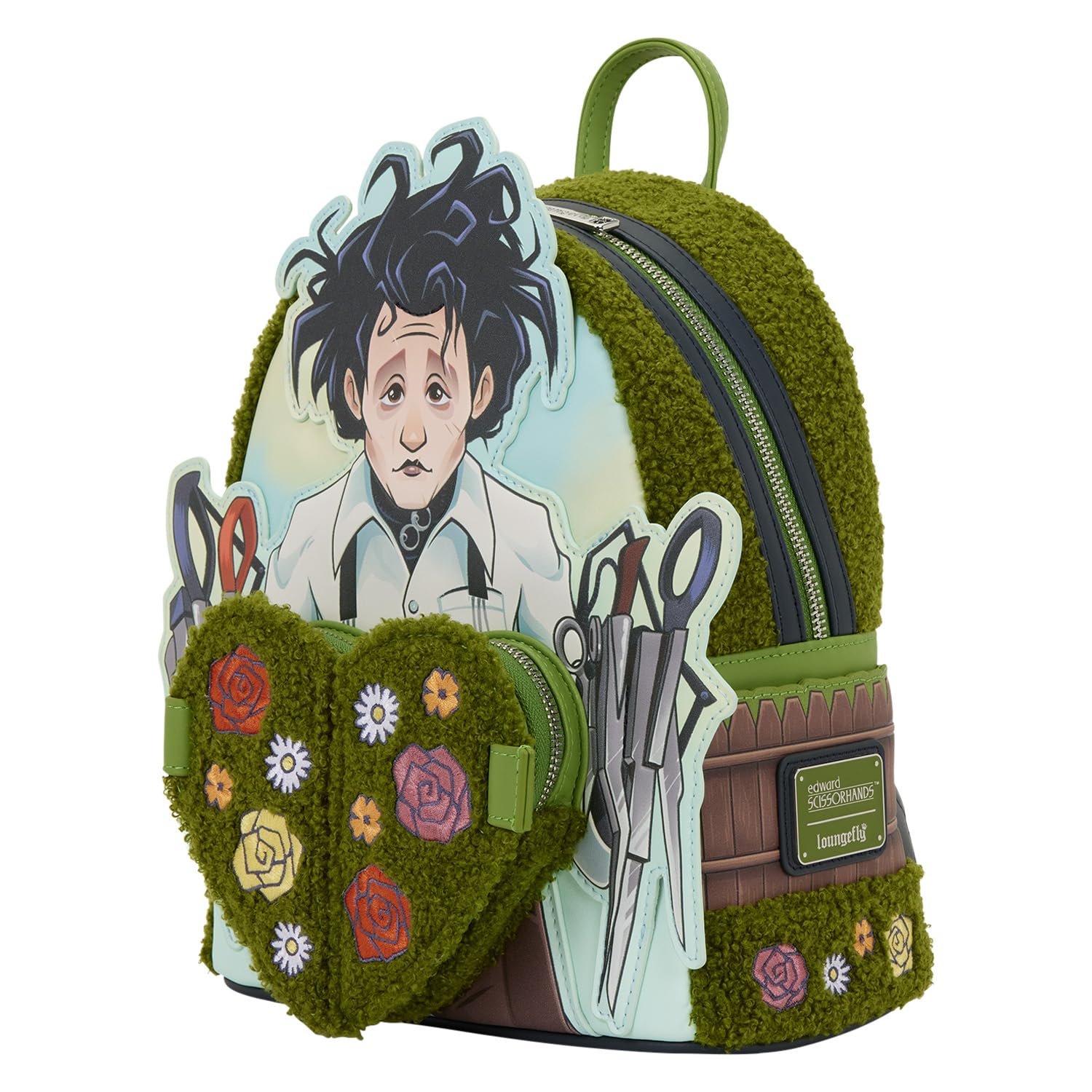 Loungefly Edward Scissorhands Sherpa Heart Topiary Horror Movie Mini Backpack People are scared of things that are different. The new  main image 4
