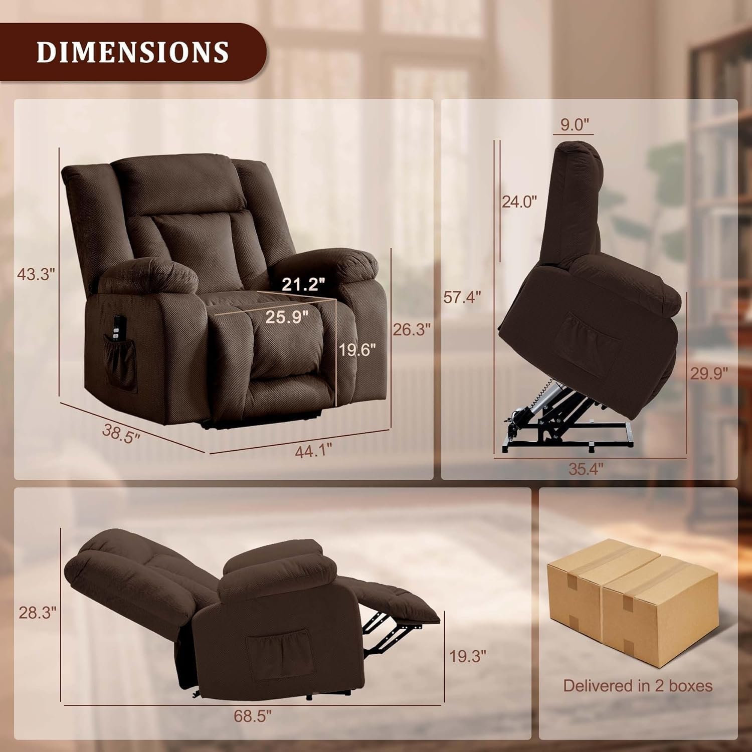 Dual Motor Power Lift Recliner Chair with Massage Heat Functions Oversized Wide Seat Waffle Fabric Upholstery for Adults and Seniors Living Room Recliner with Side Pockets