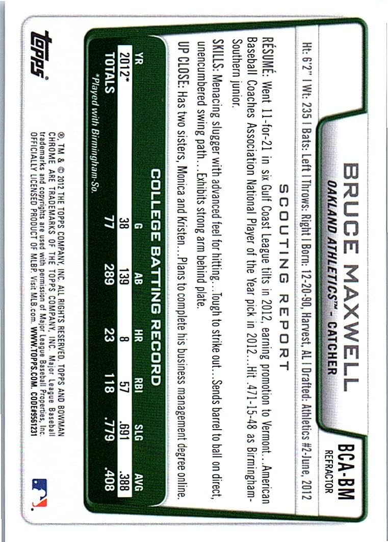 Bruce Maxwell Autographed 1st Bowman Chrome Card Refractor Collectible Baseball Card - 2012 Bowman Chrome Baseball Card #BCA-BM (Athletics) Free Shipping