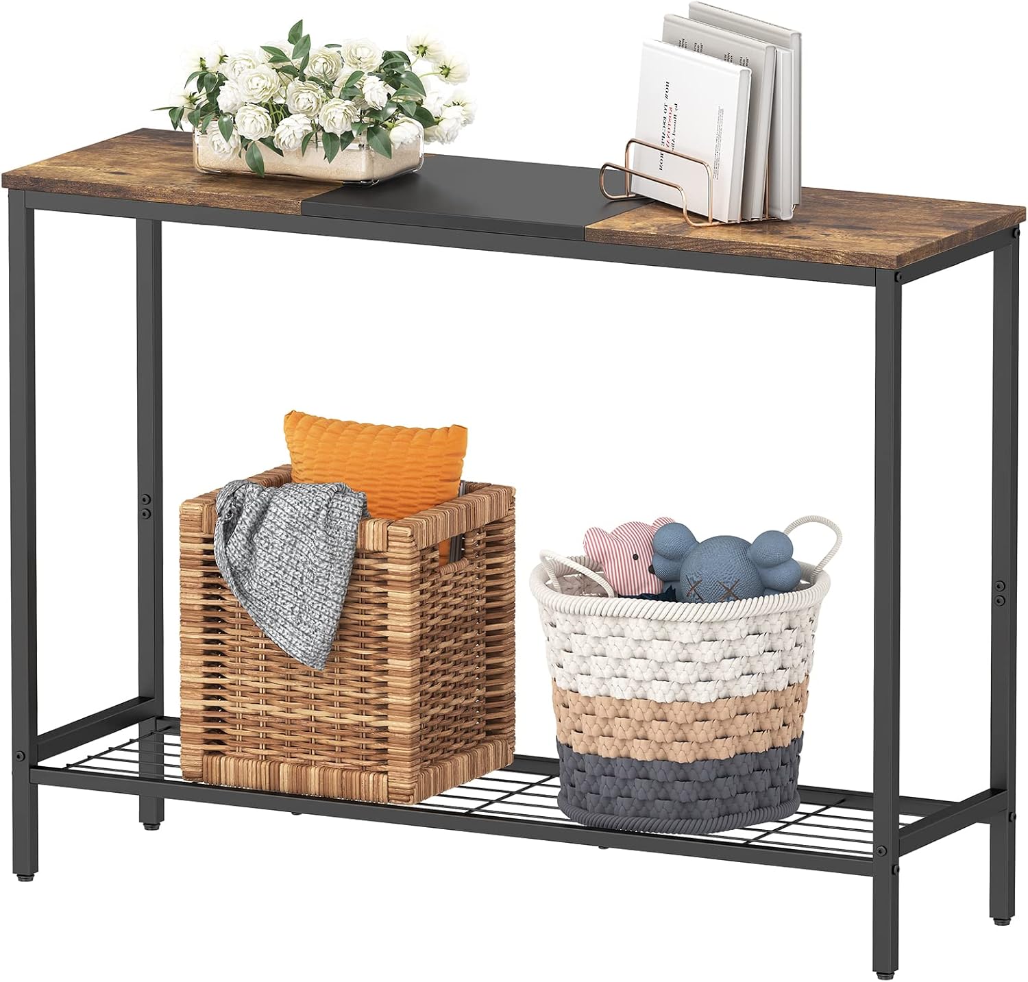 Lifewit 39.4" Console Entryway Table, 2-Tier Industrial Sofa Table with Storage Shelves for Hallway, Living Room,Bedroom, Metal Frame, Rustic Brown & Black, Easy Assembly
