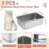 Vista 2 de Zubebe Paquete de 3 cajas de arena de acero inoxidable para gatos con 3 piezas de caja de arena de metal que nunca absorbe el olor, a prueba