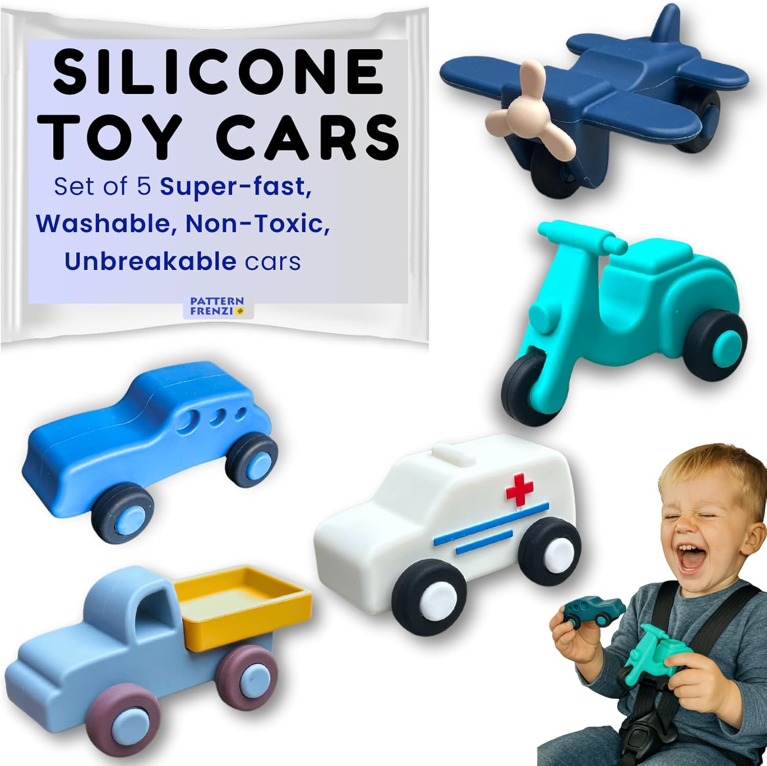 Silicone Toy Cars for Kids Ages 3+ – Soft, Safe Non-Toxic Silicone Cars with Smooth Rolling Wheels, Quiet Play, Push and Go Car Toys, Food Grade Silicone Toys, No Hole Bath Toy Mold Free, 5 Pack Set