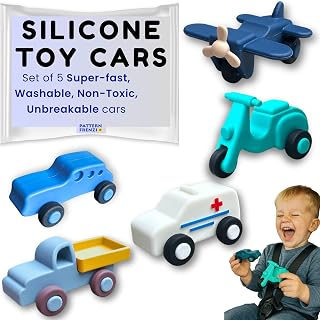 Silicone Toy Cars for Kids Ages 3+ – Soft, Safe Non-Toxic Silicone Cars with Smooth Rolling Wheels, Quiet Play 5-Piece Vehicle Set, Food Grade Silicone