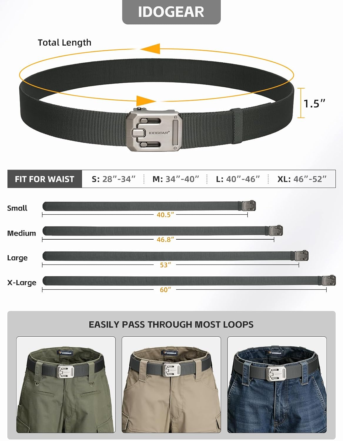 IDOGEAR Men's Ratchet Belt 1.5" Heavy Duty Nylon Belts Automatic Slide Buckle No Holes Tactical Casual for Jeans Work Outdoor image 5