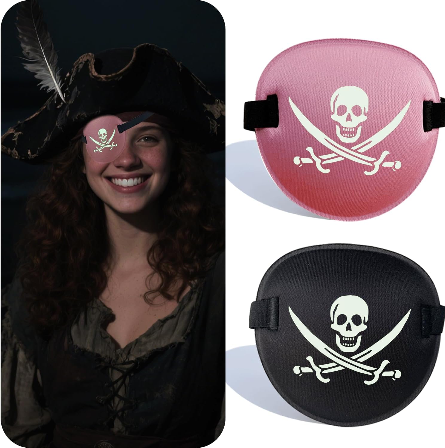 Pirate Eye Patch - 2 Pcs Skull & Crossbones Adjustable Black Eye Patches for Adults, Glow in The Dark Halloween Cosplay & Gifts Black & Pink