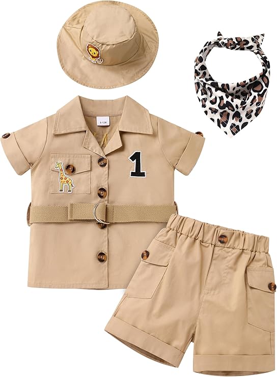 FYMNSI Baby Boy Wild Animal Jungle Safari Shirt Shorts Sets 5PCS Toddler Zoo Keeper First Birthday Outfit Cake Smash Clothes