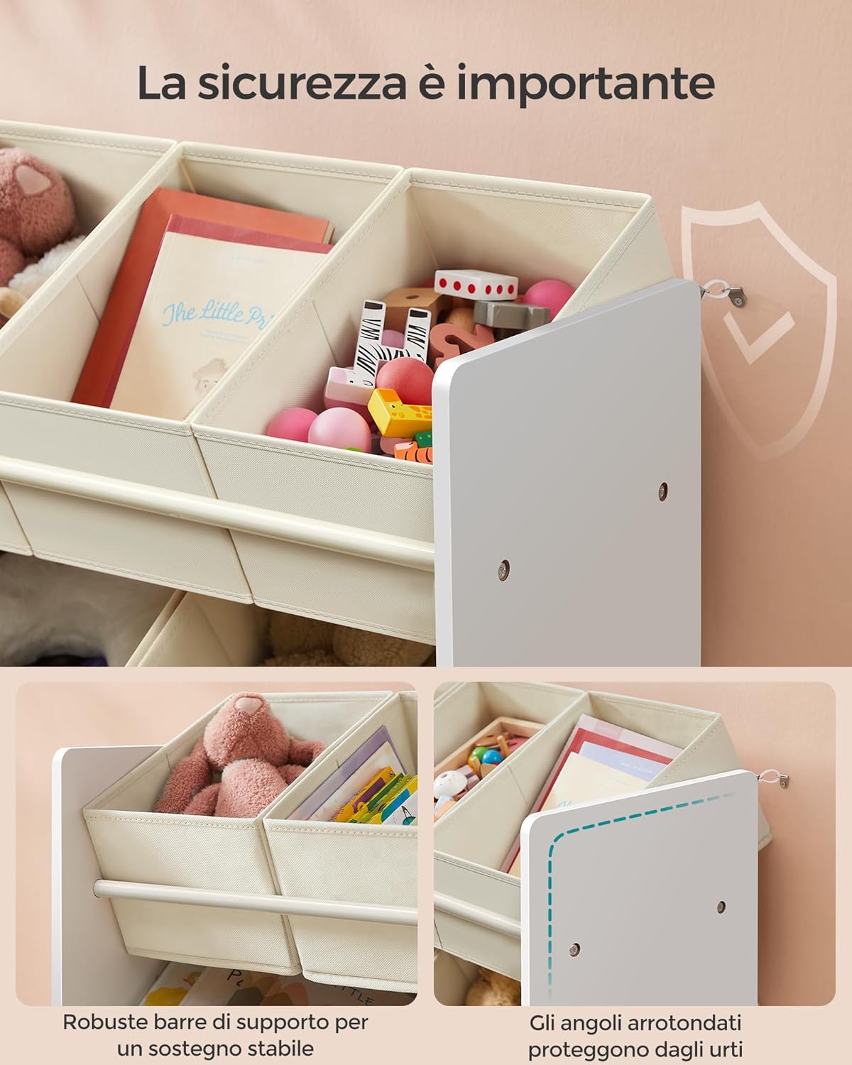 Close-up of the anti-tipping device and rounded corners on the shelf