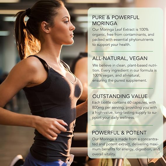 Moringa Capsules, Moringa Tablets 800mg, Pure Moringa Leaf Extract Vegan Powder Capsules, No Additives,1-Month Supply, 60 Capsules