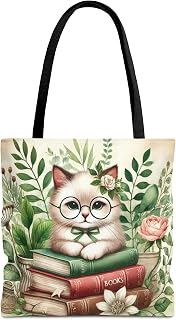 Whimsical Cat Tote Bag - Perfect for Book Lovers, Cat Enthusiasts, Floral Lovers, Gift for Students, Reading Accessories