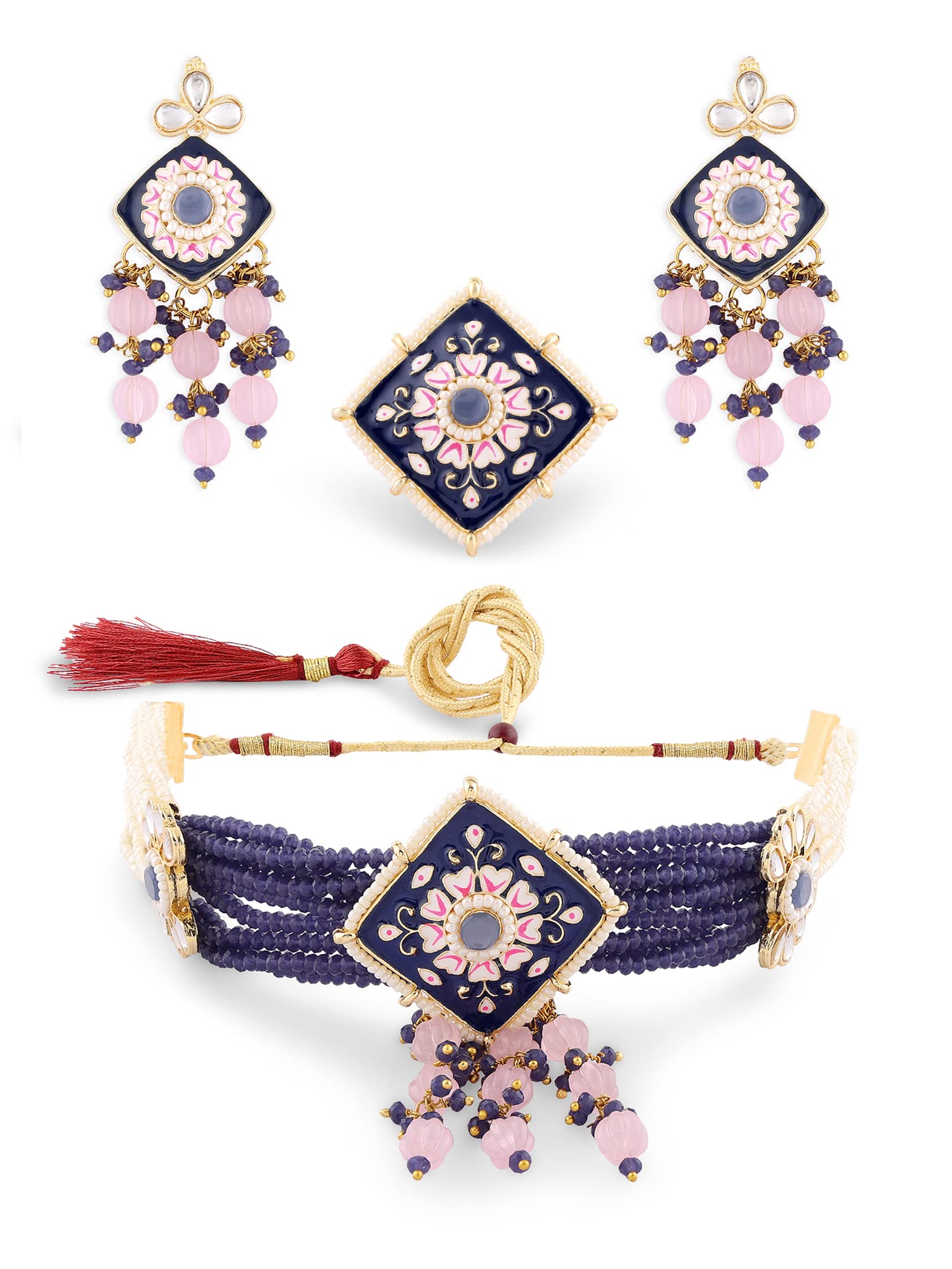 ZAVERI PEARLS Navy Blue Pink Meenakari Multistrand Kundan Choker Necklace Earring & Ring Set For Women-ZPFK15565 (B0BTVRG24H) Amazon Price History, Amazon Price Tracker