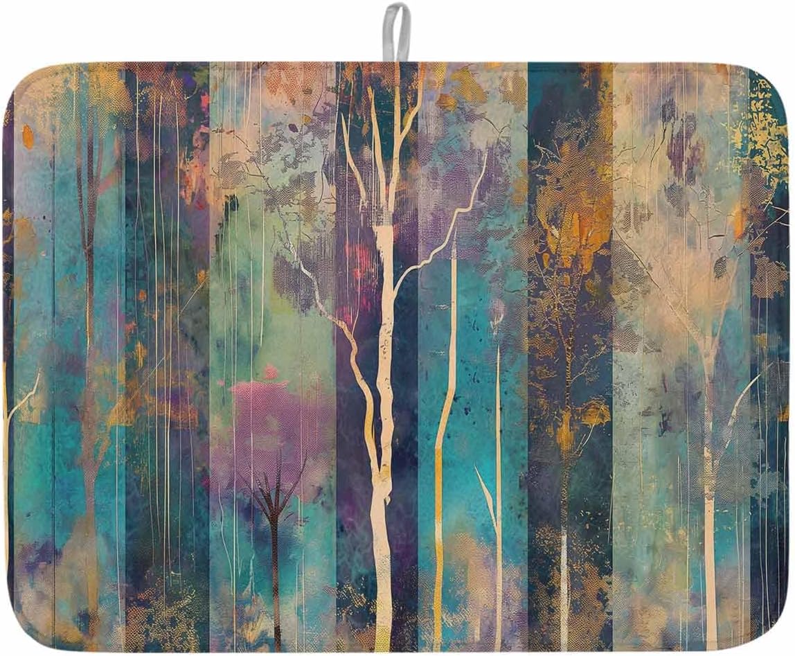 Dish Drying Mat for Kitchen Counter Abstract Oil Painting Art Trees Sunset Highly Absorbent Dish Drainer 18 x 24 Inches Dish Drying Pad for Kitchen Counter, Sink, Draining Racks 2PCS