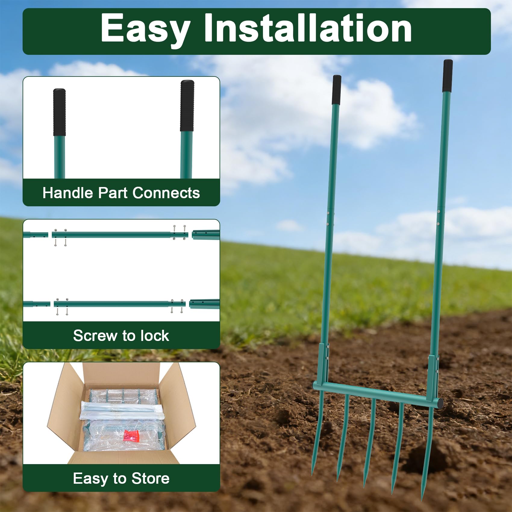Utensile da giardino a forcella larga, 5 denti, resistente, a forma di U | Forcone ergonomico staccabile da 140 cm per scavare, coltivare e allentare il terreno, giardinaggio e agricoltura