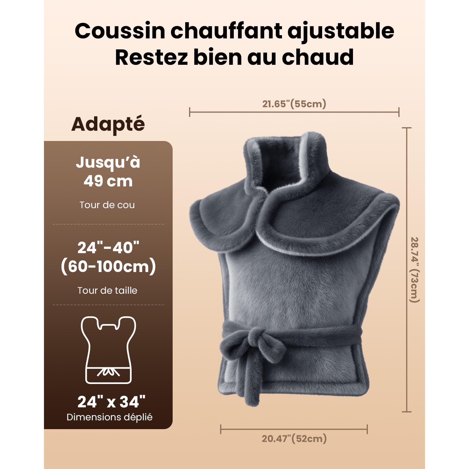 BOB AND BRAD Coussin Chauffant Électrique pour Dos, Nuque et Épaules, 6 Niveaux de Chaleur, 4 Minuteries, Chauffage Rapide, Flanelle Lavable, Cordon Extra Long 2,74m, 60x85cm- Gris