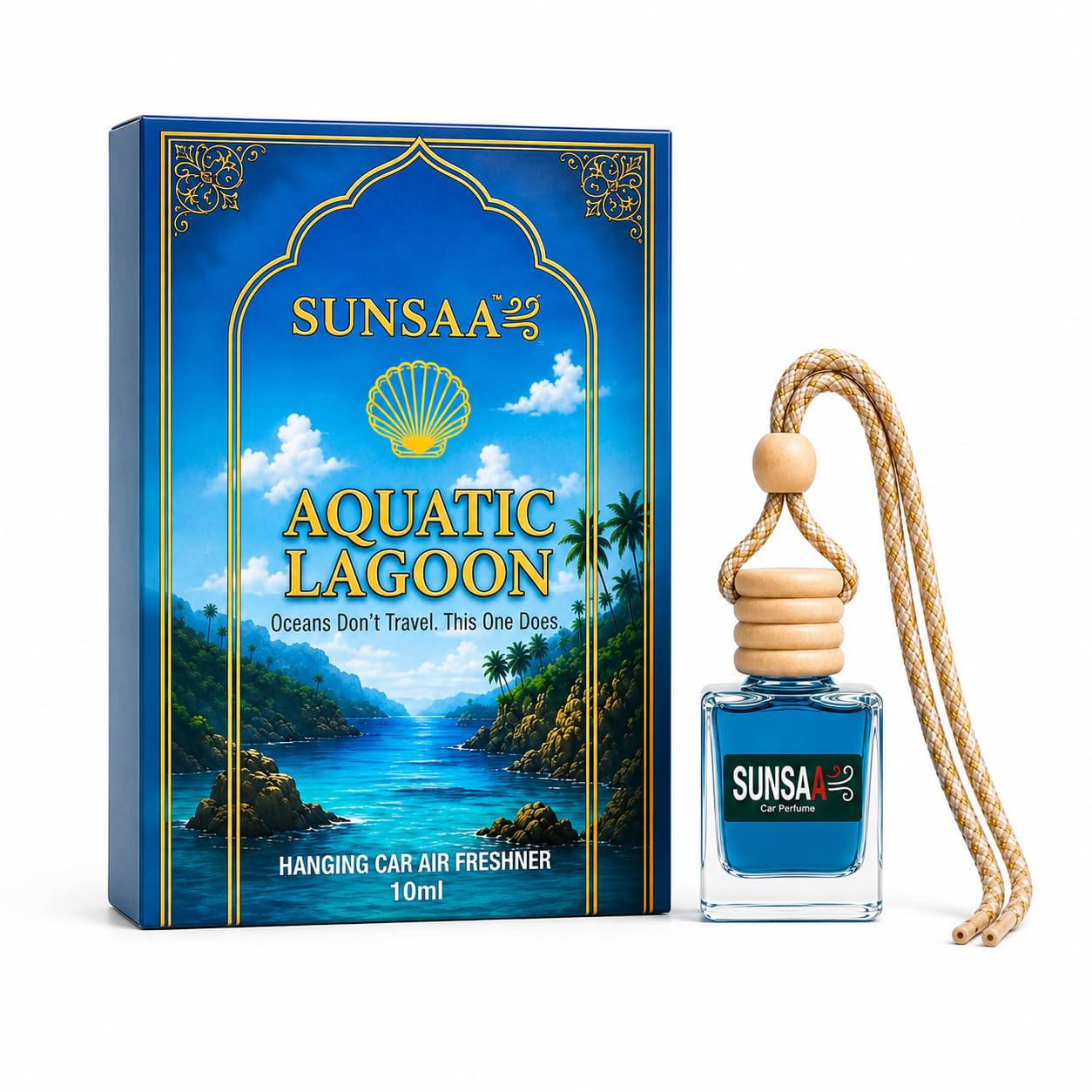 Aquatic Lagoon Hanging Car Air Freshener 10ml | Luxury Ocean Fresh Car Perfume | Long Lasting Hanging Diffuser | Wooden Cap Glass Bottle | Car Air Freshener for Car, SUV, Office & Home-image-20