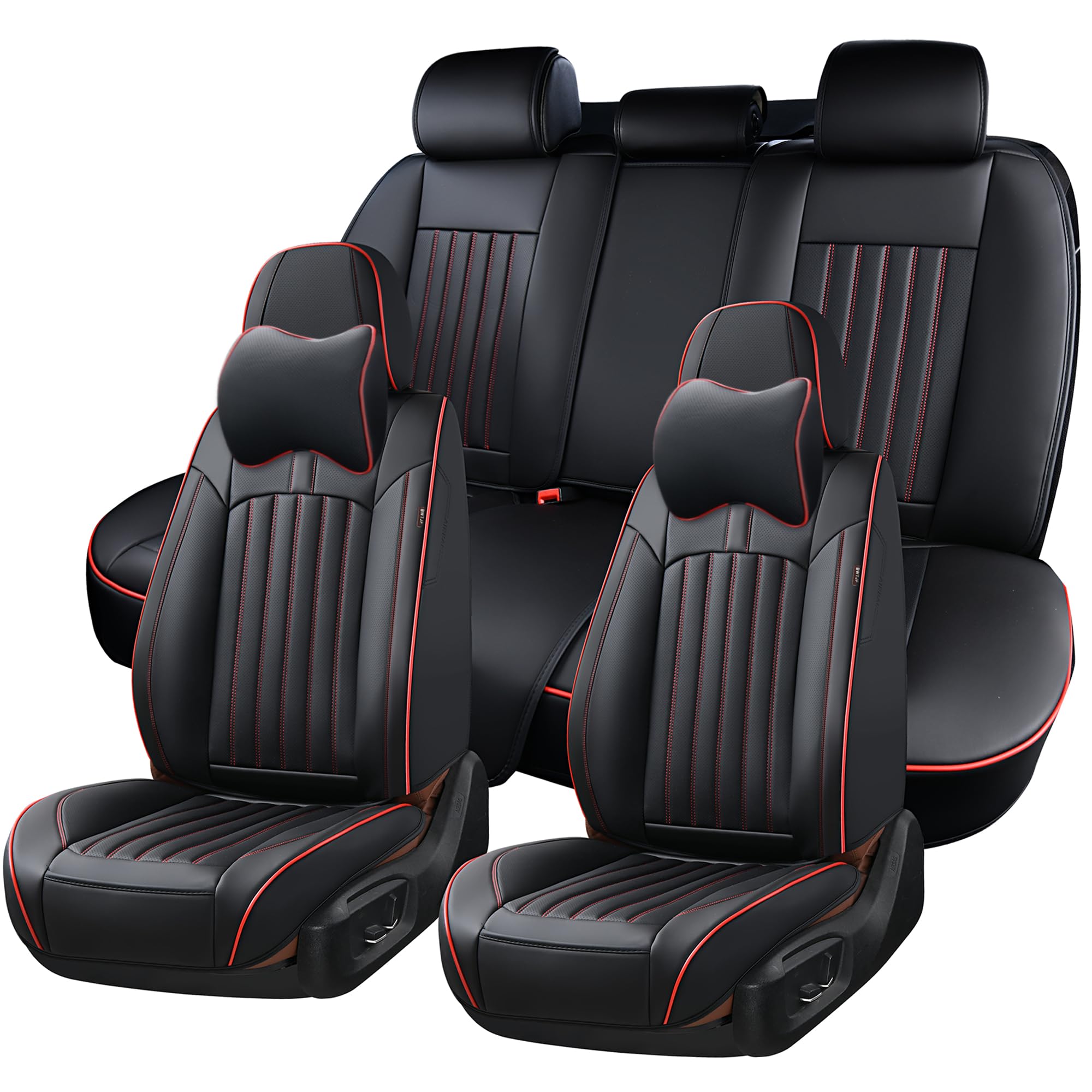 Photo 1 of BWTJF Car Seat Covers Full Set, Auto Seat Covers 5 Pieces, Leatherette Automotive Vehicle Cushion Cover for Cars SUV Pick-up Truck, Universal Car Interior Accessories with Head Pillow, (Black&Red) Black&Red Full Set