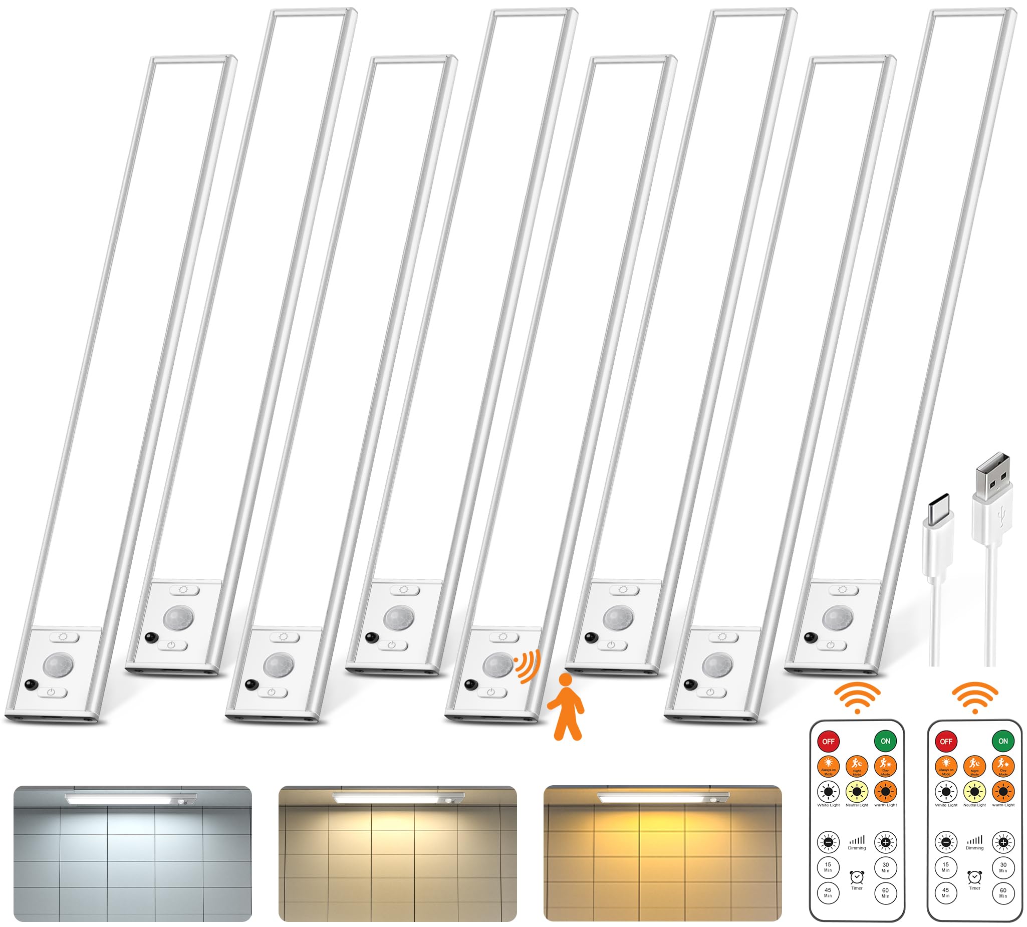 Iluminación debajo del gabinete con control remoto, luz de sensor de movimiento recargable por USB de 2500 mAh para interiores, luz LED de 350 lúmenes, 3 temperaturas de color, luces inalámbricas