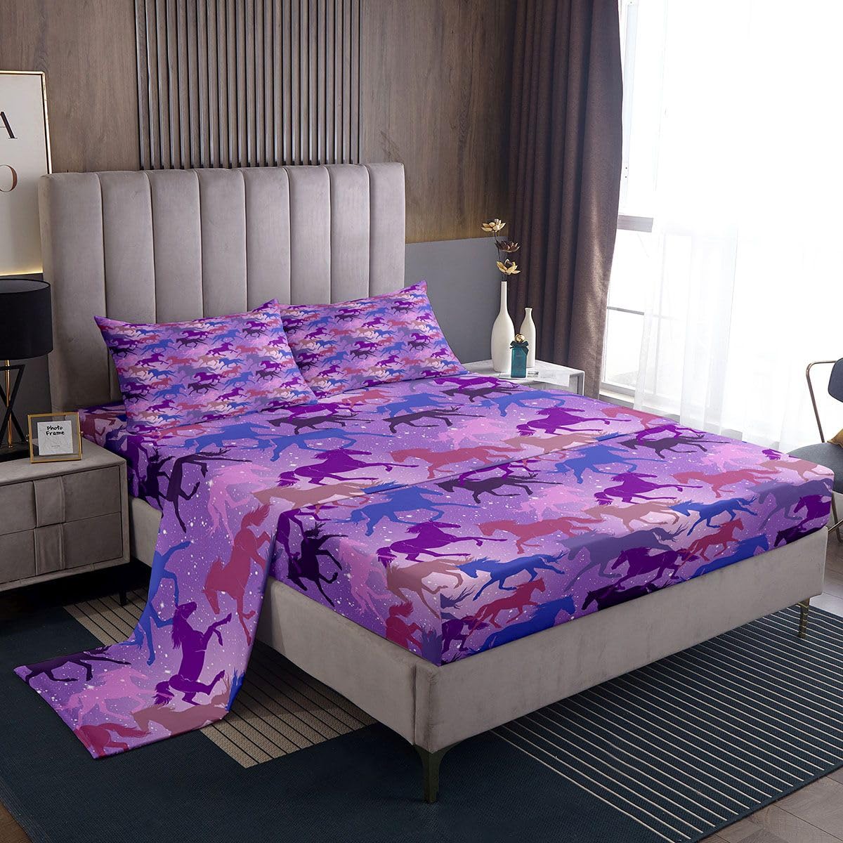 Juego de sábanas para niños pequeños con diseño de caballo galopante, galaxia, corcel, juego de cama de caballo galopante en 3D, color morado, azul, rosa, colección de dormitorio, 4 piezas, tamaño