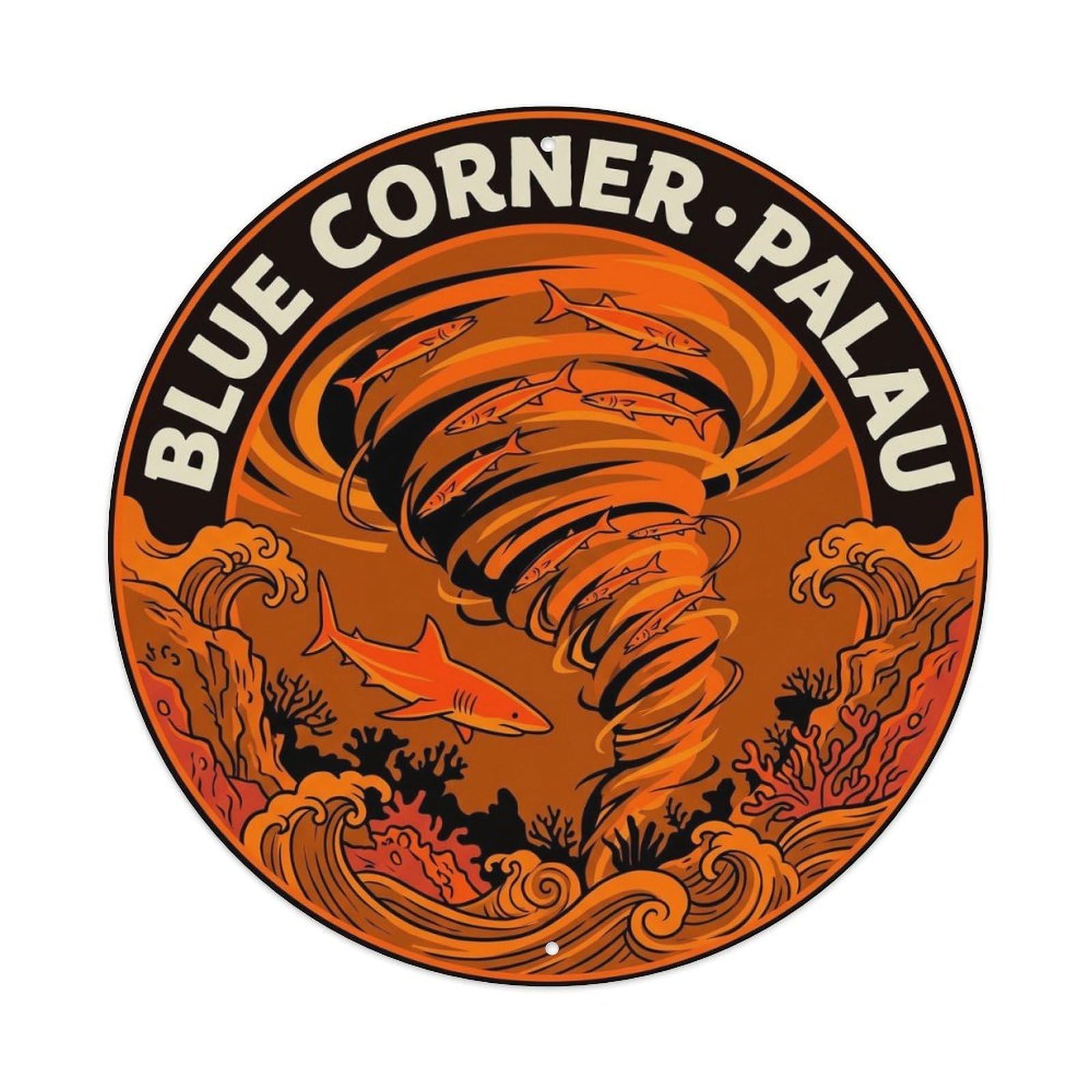 Olyhtr 8X8inch Classic Style Shark Palau Blue Corner Neon Orange Woodblock Metal Tin Sign