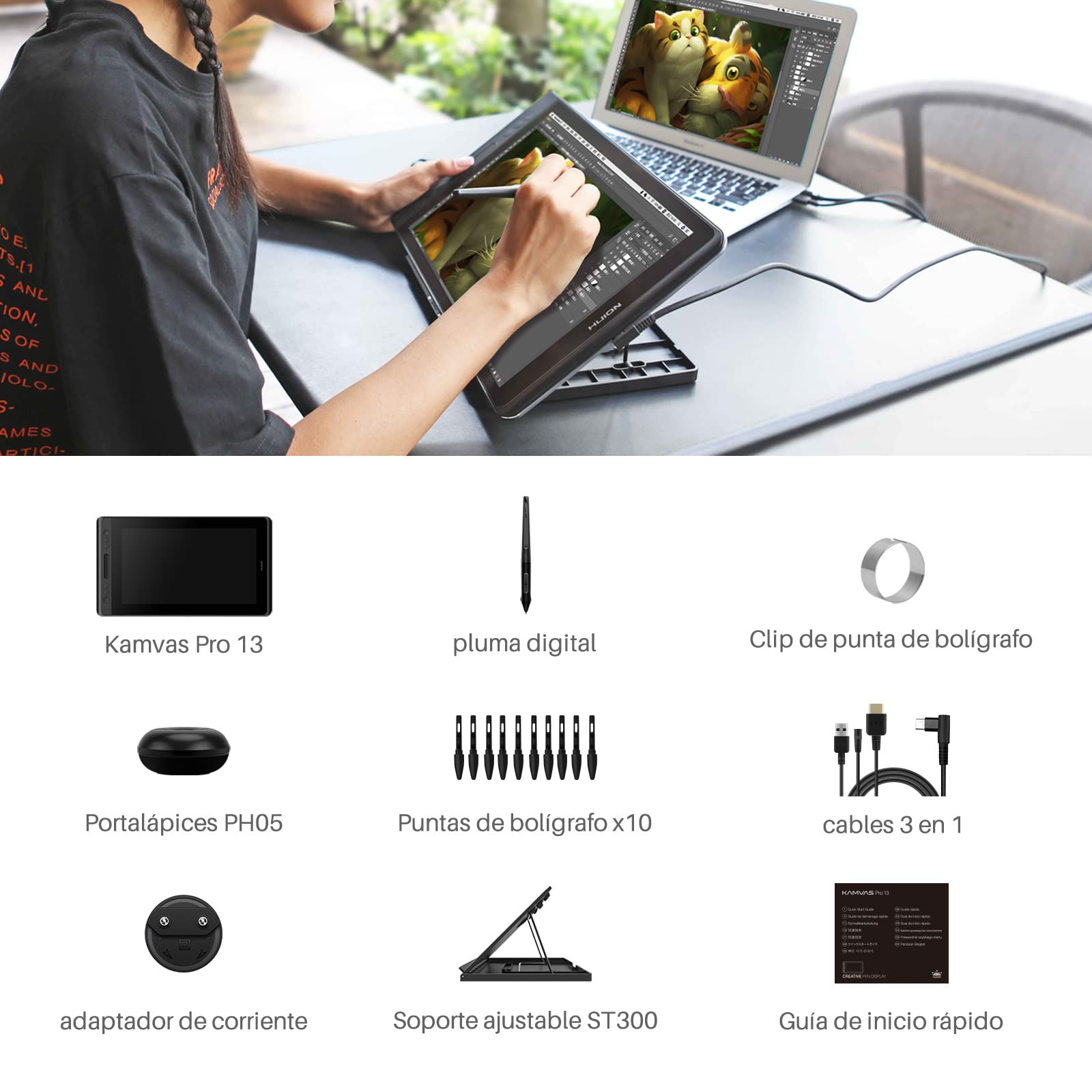HUION Kamvas Pro 13 Tableta Gráfica con Pantalla, 120% sRGB, Monitor de Dibujo Laminado Completo, Pantalla de Lápiz Full HD de 13,3 Pulgadas y Lápiz Digital Preciso para Diseño Digital, con Soporte