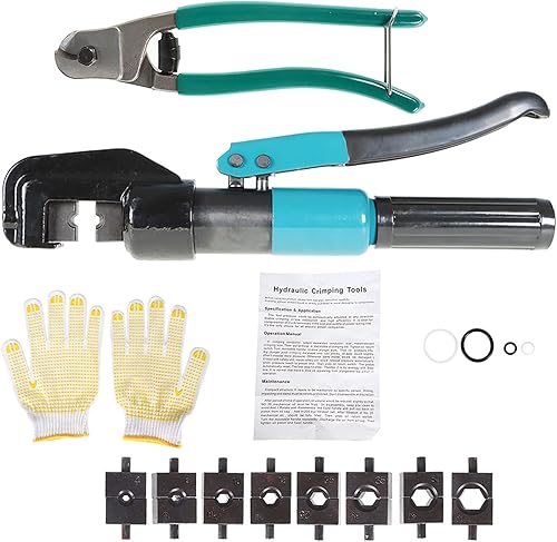 Miniatura 3 de findmall Engarzadora de terminales de alambre hidráulico de 10 toneladas con 9 troqueles y cortador de cables para accesorios de barandilla de cable