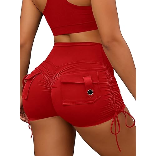 Avanova Women Scrunch Butt Lifting Shorts Booty Gym Workout Shorts with Cargo Pockets Ruched Side Drawstring