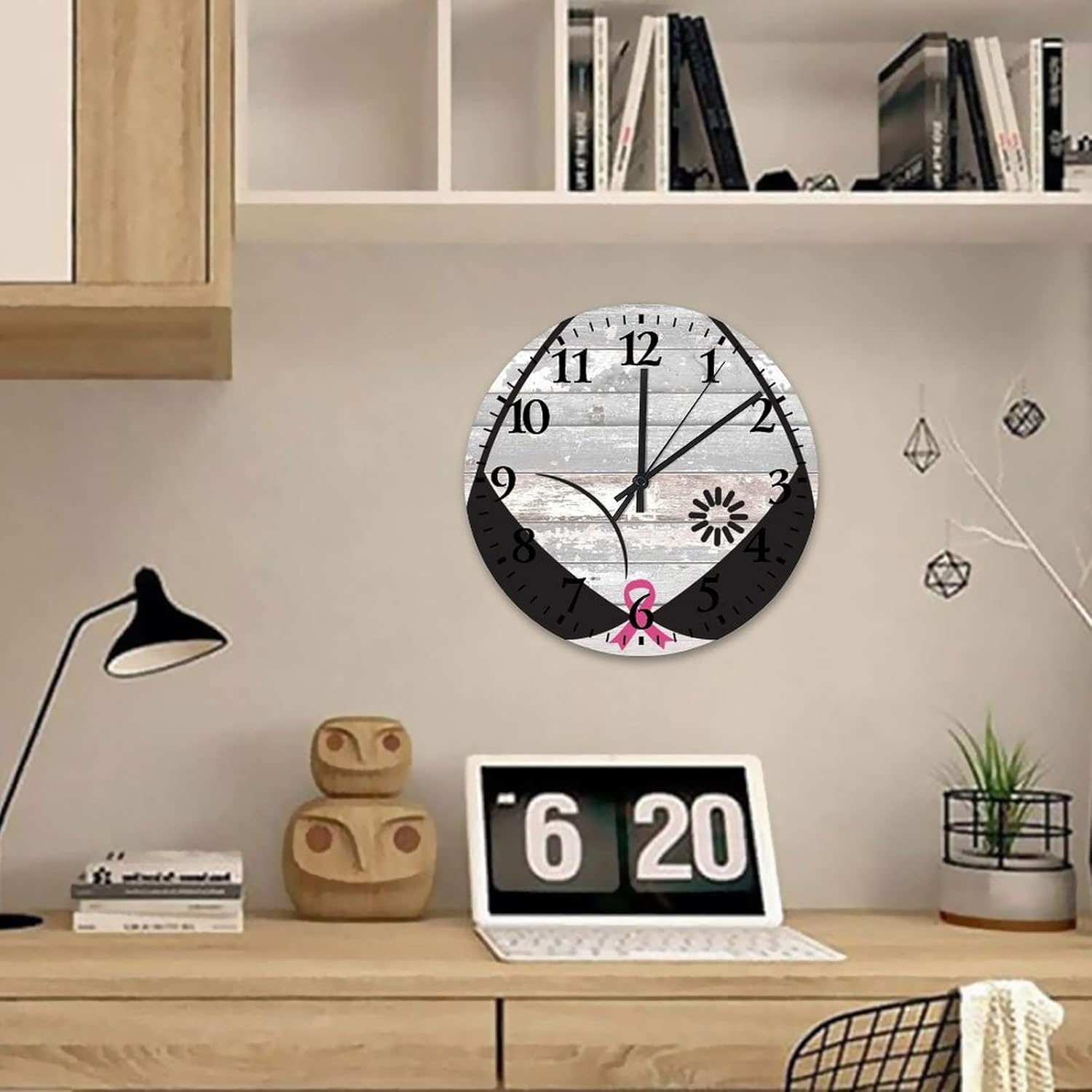 Wood Clock Breast Cancer Breast Pink Ribbon Fight Living Room Accessories Battery Operated Silent Non-Ticking Arabic Numbers Breast Cancer Survivor Round Clock for Living Room Office 12 Inch