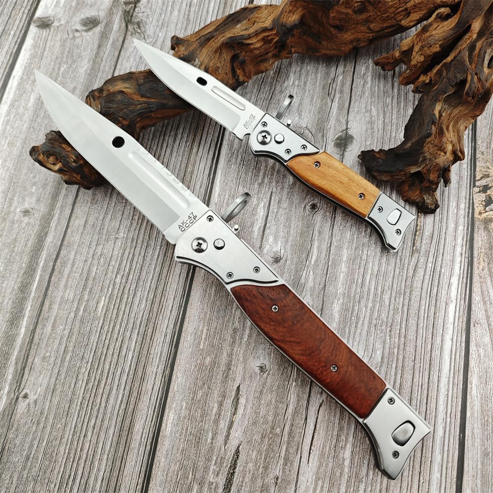 13'' AK 47 CCCP Pocket Knife with Slide Safety Lock，Portable Utility Folding Knives，440C Steel Blade and Wooden Handle，Gifts for Men，EDC Tool for Camping，Fishing，Hiking (Large)