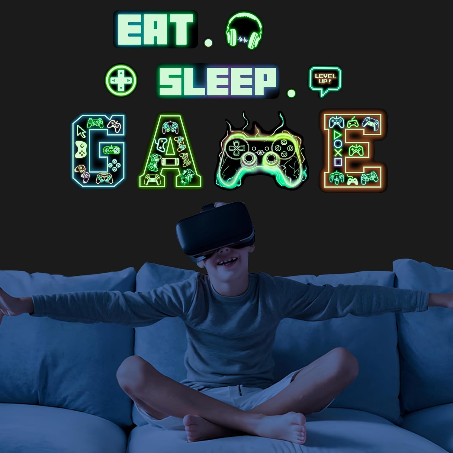 Glow in The Dark Neon Gamer Wall Decals, Game Controller Joystick Wall Stickers, EAT Sleep Game Gaming Room Decor, Kids Teens Boys Girls Bedroom Playroom Living Room Internet Bar