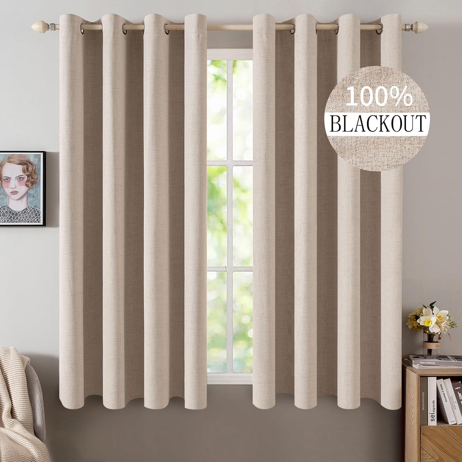 MIULEE Linen Textured Curtains for Bedroom Solid 100% Blackout Thermal Insulated Natural Beige Grommet Room Darkening Curtains & Drapes Luxury Decor for Living Room Nursery 52 x 45 Inch (2 Panels) 52"W x 45"L (Pack of 2) Beige