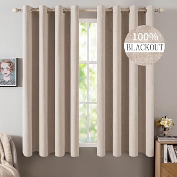 MIULEE Linen Textured Curtains for Bedroom Solid 100% Blackout Thermal Insulated Natural Beige Grommet Room Darkening Curtains & Drapes Luxury Decor for Living Room Nursery 52 x 63 Inch 2 Panels