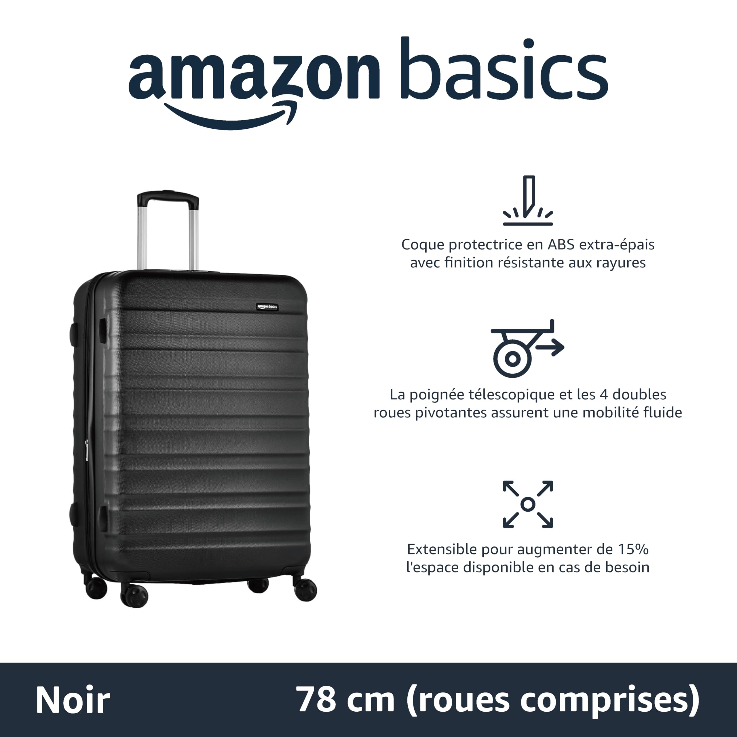 Amazon Basics Valise Rigide Grande - Bagage de Voyage Extensible ABS avec 4 Roulettes Doubles Pivotantes - Résistante aux Rayures et Légère - 78 x 52,6 x 32cm - Noir