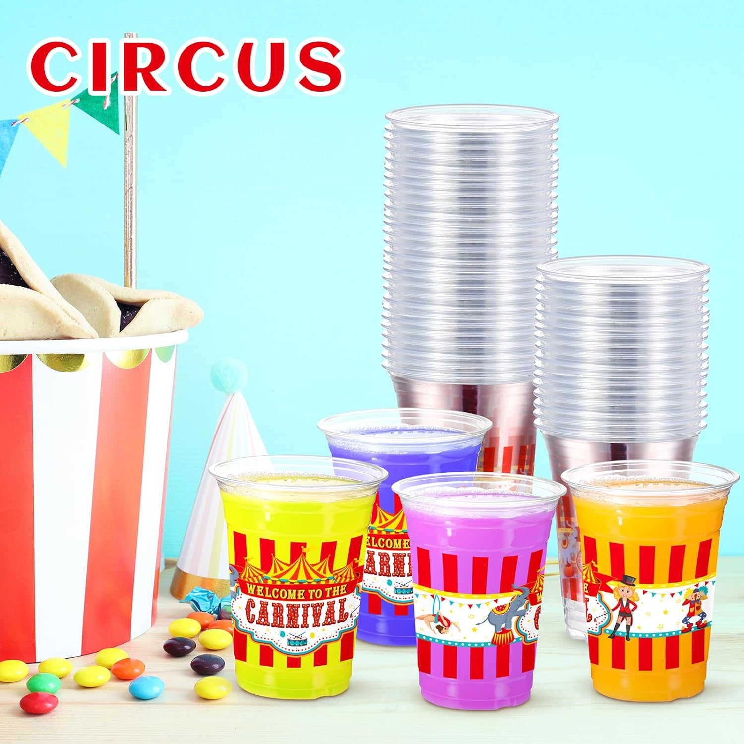 Jinei 60 Pcs Circus Carnival Party Plastic Cups Bulk 16 oz Circus Theme Disposable Cups Clear mug Drinking for Carnival Birthday Party Supplies Decorations