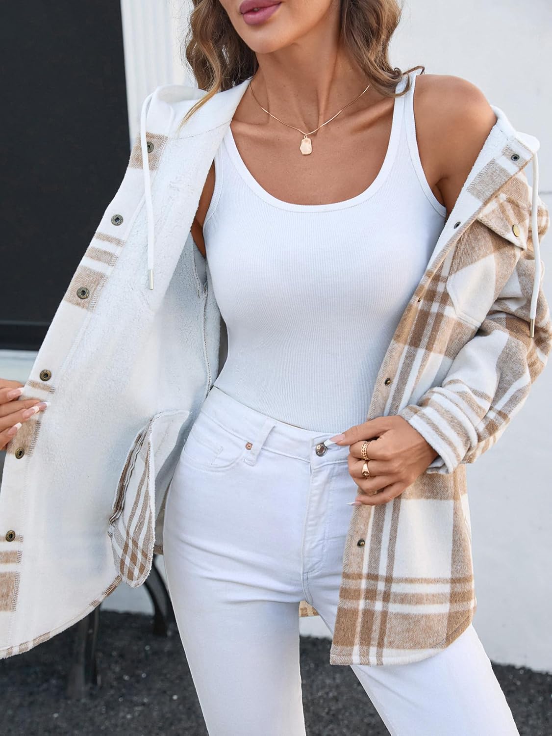 Merryfun Womens 2025 Flannel Plaid Shacket Jacket Sherpa Fleece Lined Oversized Button Up Hooded Warm Coats with Pockets - Image 4