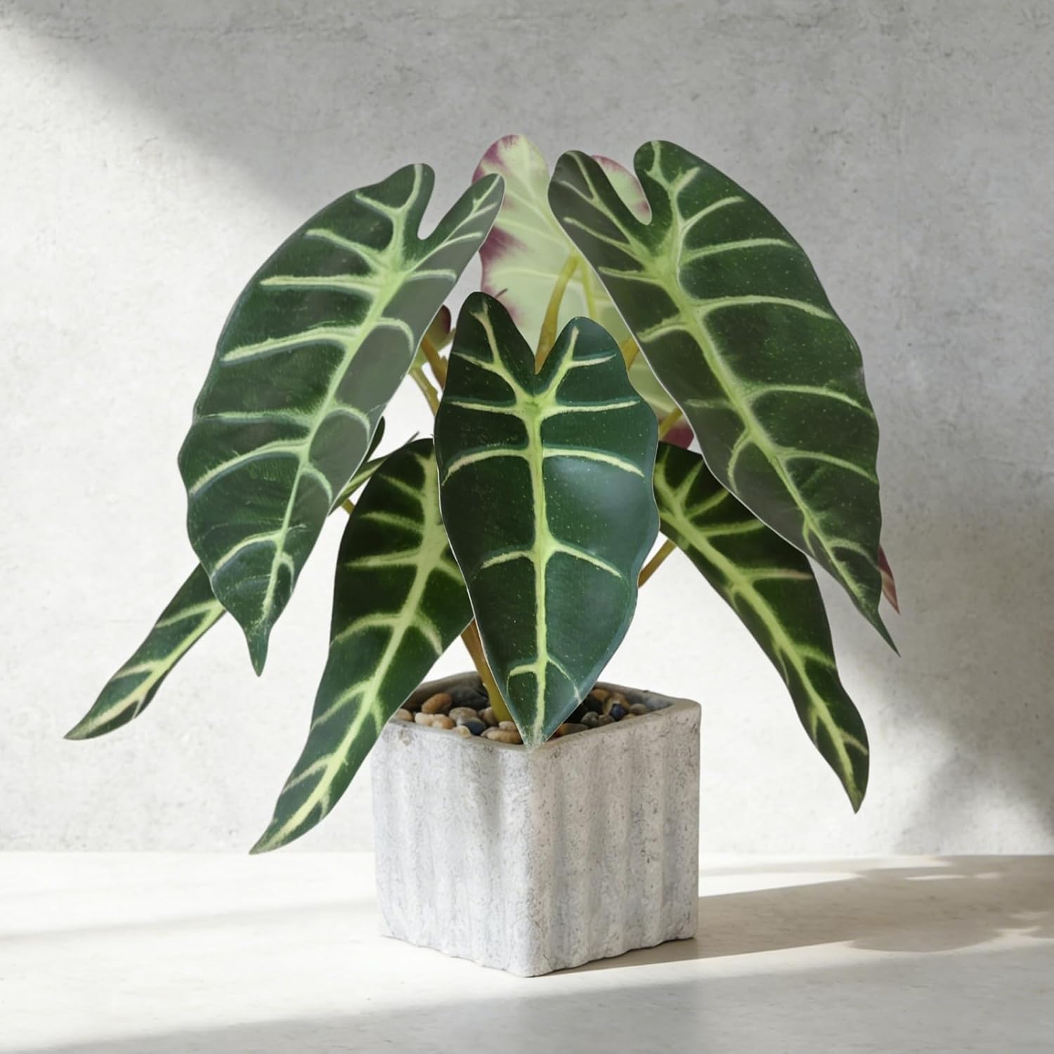 Artificial Potted Plant, Lifelike Faux Greenery in Decorative Cement-Look Square Pot for Indoor Home Decor Centerpieces (Alocasia)