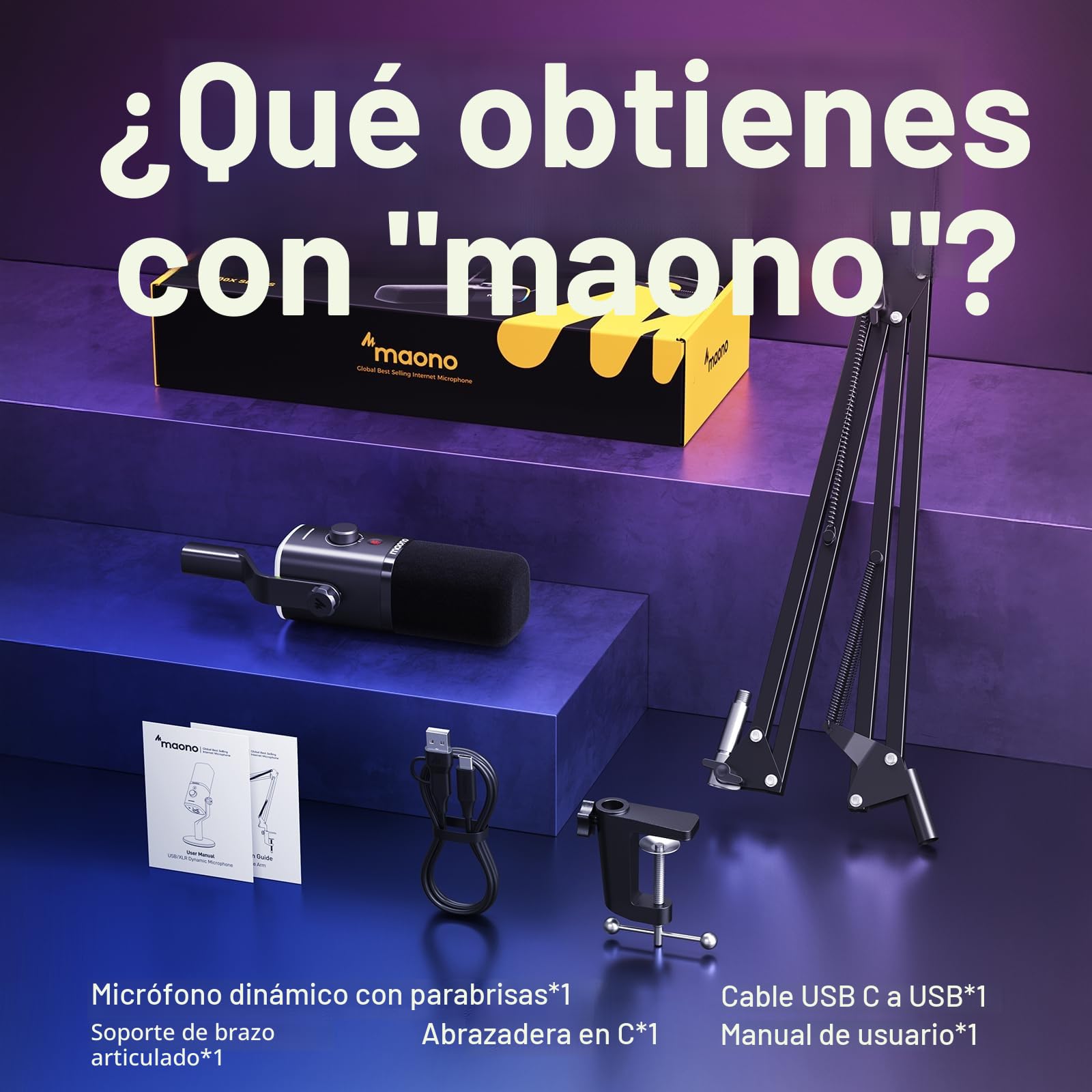 MAONO Micrófono dinámico para Juegos: micrófono dinámico USB XLR para computadora con Software-RGB para PC, Kit de micrófono para Gamer-Podcast, para Estudio de grabación de Streaming