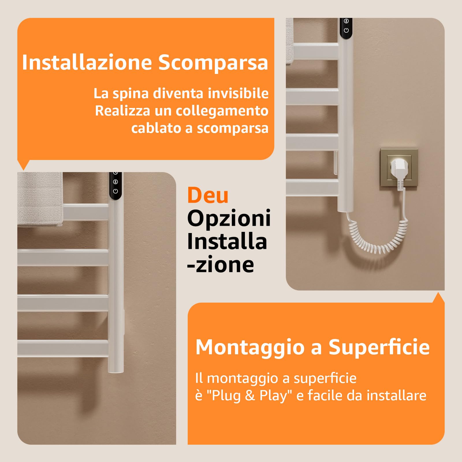 Scaldasalviette Elettrico Bagno, 50 x 100cm Termoarredo Elettrico Bagno con LED Touch Screen, 0-9h Timer e 30-70℃ Temperatura, 285W Termoarredo Elettrico da Parete, IPX4, Bianco
