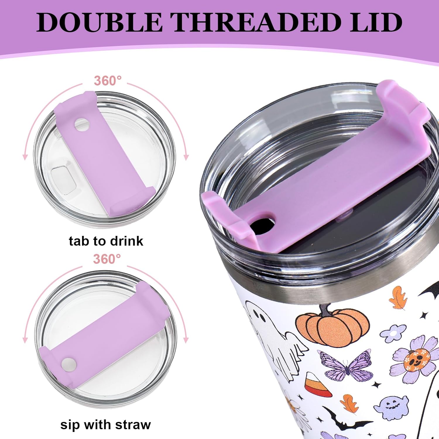 JarThenaAMCS Halloween Tumbler with Handle 40oz Ghost Pumpkin Flower Bat Tumbler with Lid Straw Purple Orange Stainless Steel Cup for Home Office Travel - Image 3
