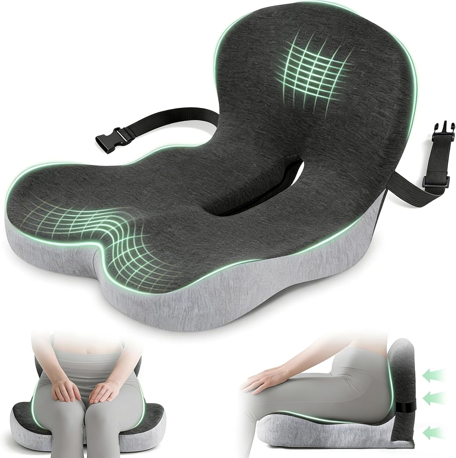 Car Seat Cushion Office Chair Cushion with Fixing Strap, L-Shaped Integrated Soothe Chair Booster Seat Cushion for Lower Back Protection,Reenily Back Seat Cushion for Long Sitting