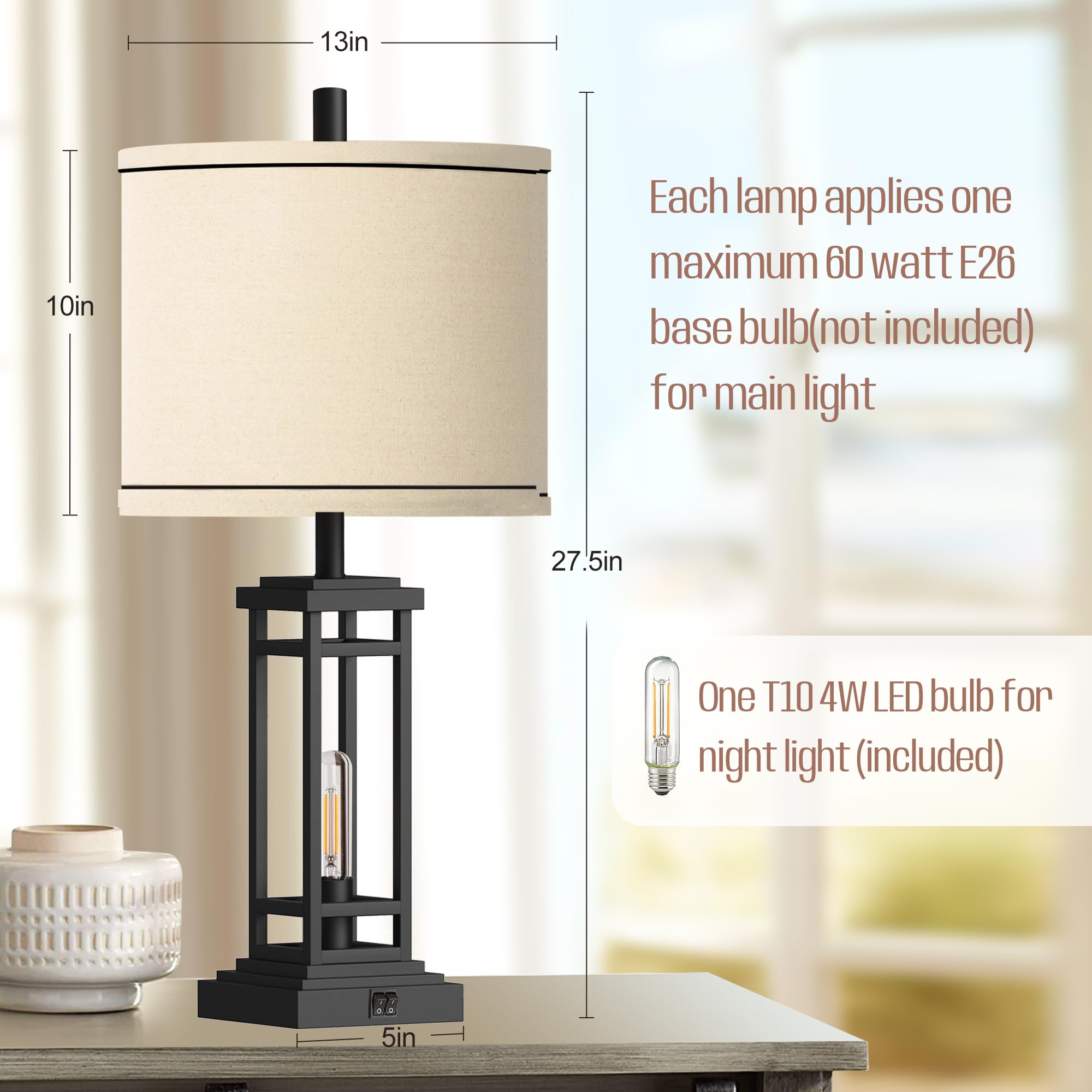 ROTTOGOON Lot de 2 lampes de table de style rustique avec ports de charge USB C + USB A, style rustique industriel pour chambre à coucher, salon, table de chevet (noir)